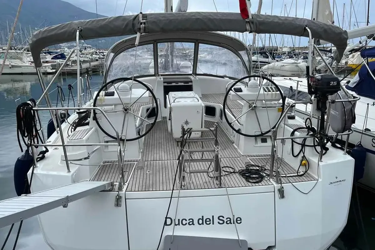 Cockpit of Duca del Sale, a Jeanneau 54 sailboat at Castellammare di Stabia, Italy