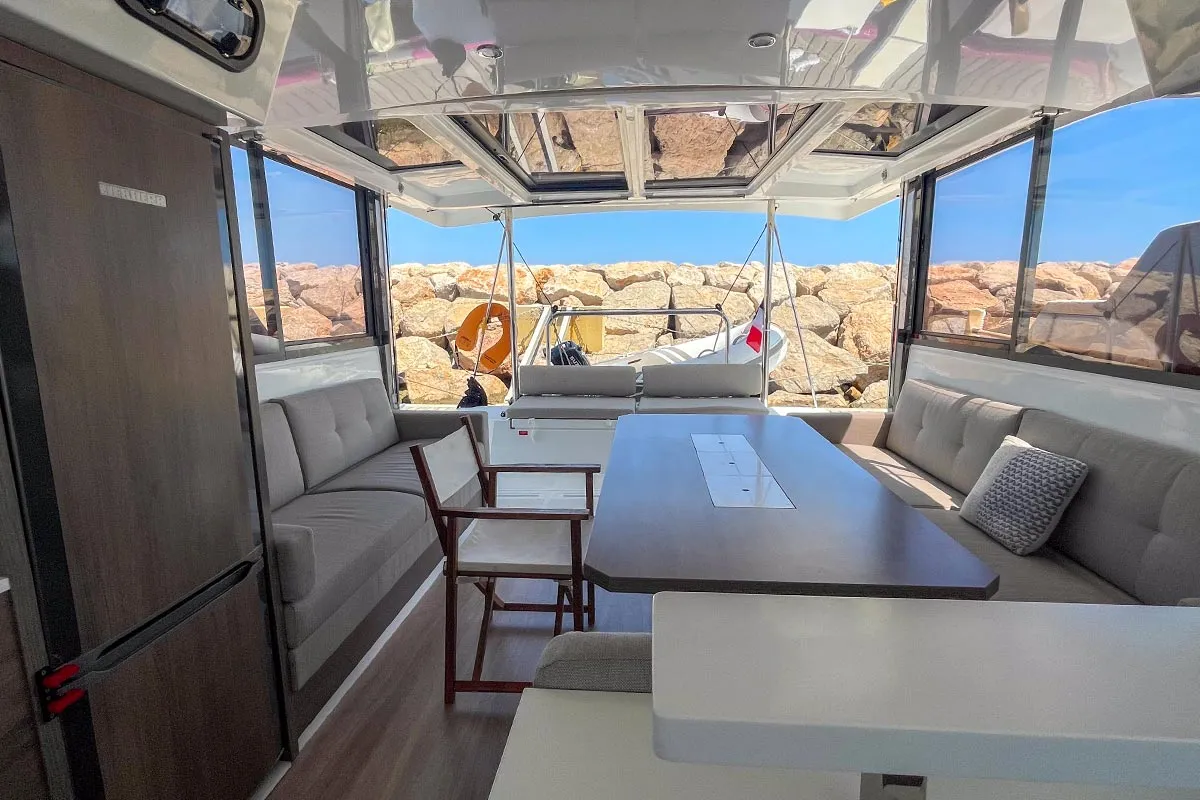 Salon of Jacamar, a Bali Catspace OW catamaran at Plan-d'Aups-Sainte-Baume, France