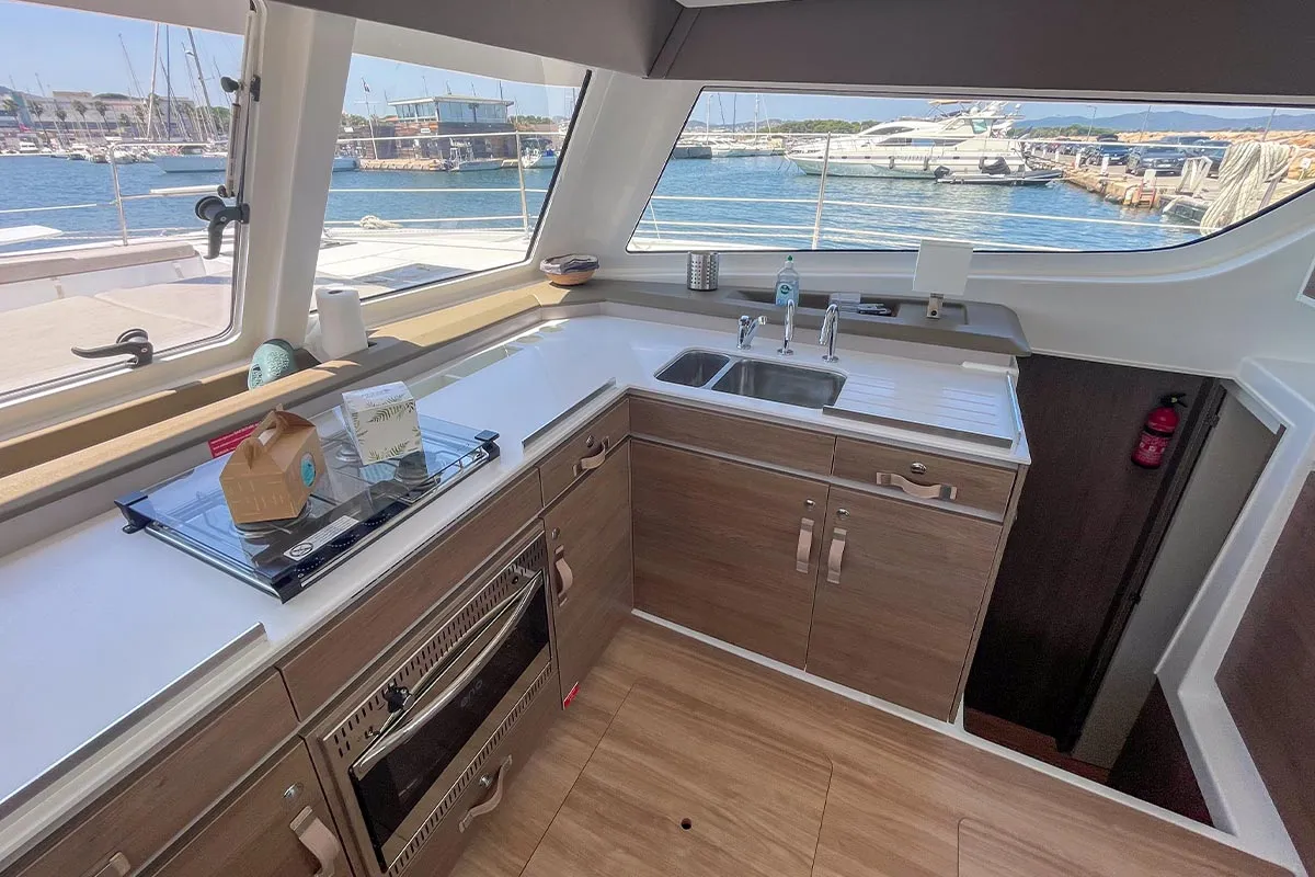 Galley of Jacamar, a Bali Catspace OW catamaran at Plan-d'Aups-Sainte-Baume, France