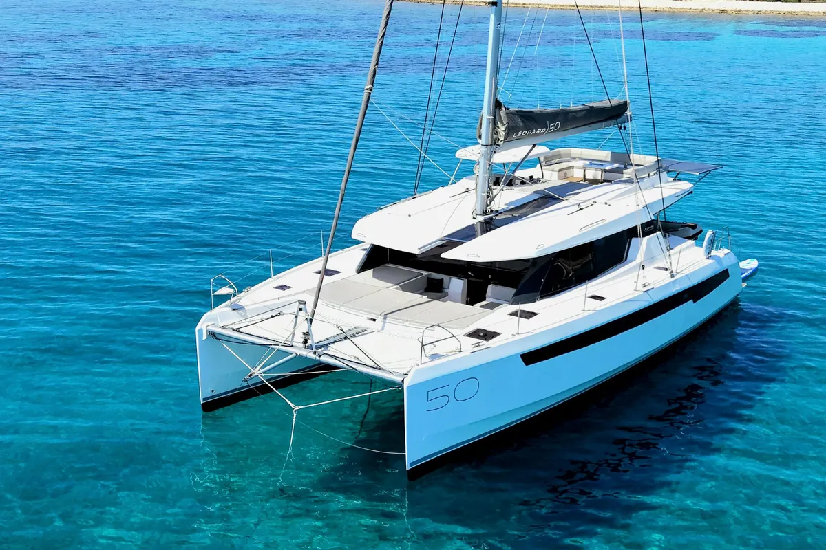 Exterior view of Sonea, a Leopard 50 catamaran at Sukošan, Croatia