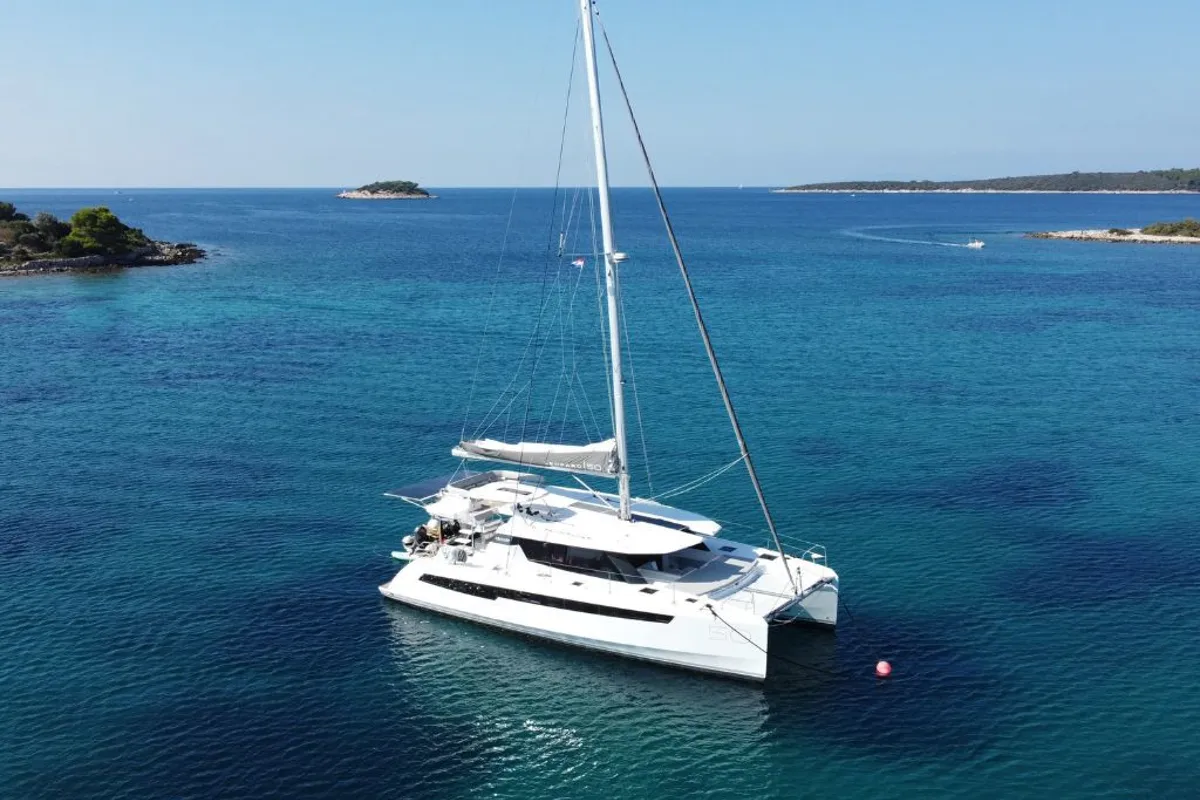 Exterior view of Sonea, a Leopard 50 catamaran at Sukošan, Croatia