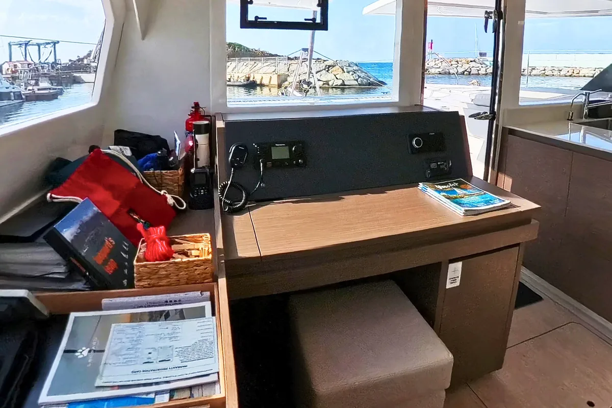Cockpit of Sonea, a Leopard 50 catamaran at Sukošan, Croatia