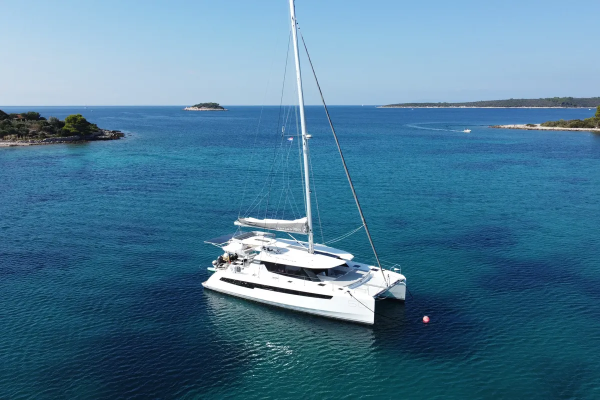 Exterior view of Sonea, a Leopard 50 catamaran at Sukošan, Croatia