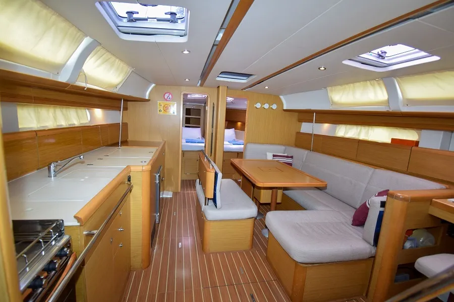 Salon of Loki, a Jeanneau Sun Odyssey 44 i sailboat at Marmaris, Turkey