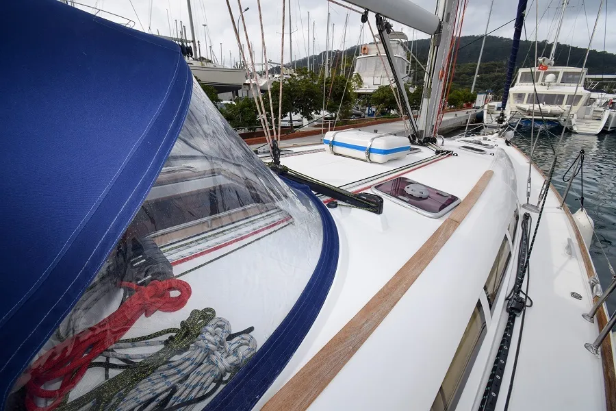 Deck of Loki, a Jeanneau Sun Odyssey 44 i sailboat at Marmaris, Turkey
