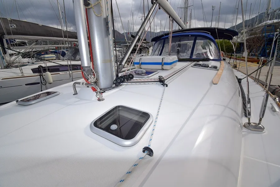 Deck of Loki, a Jeanneau Sun Odyssey 44 i sailboat at Marmaris, Turkey