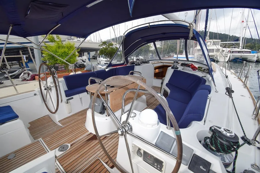 Cockpit of Loki, a Jeanneau Sun Odyssey 44 i sailboat at Marmaris, Turkey