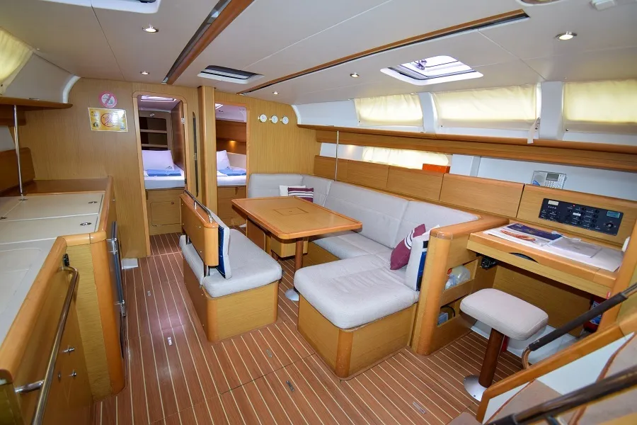 Salon of Loki, a Jeanneau Sun Odyssey 44 i sailboat at Marmaris, Turkey