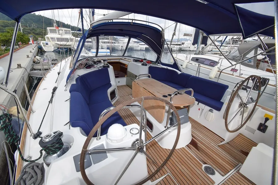 Cockpit of Loki, a Jeanneau Sun Odyssey 44 i sailboat at Marmaris, Turkey