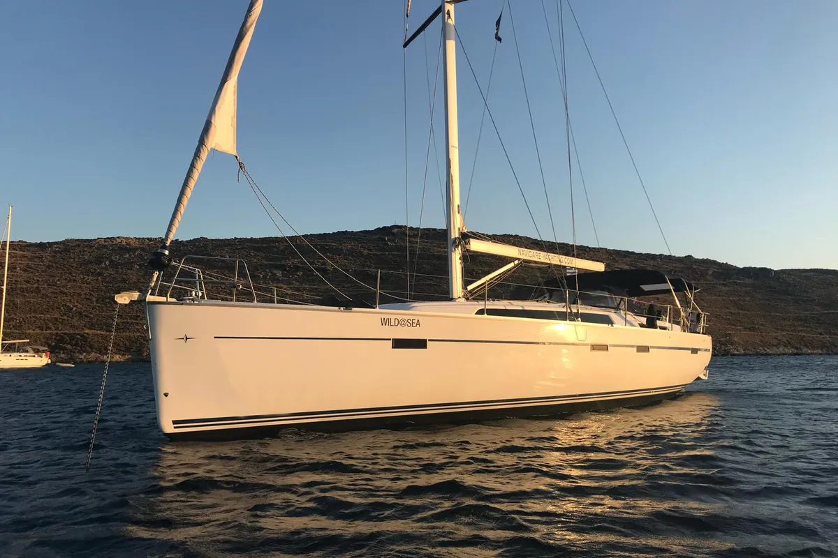 Exterior view of Wild At Sea, a Bavaria Cruiser 51 sailboat at Lavrion, Greece