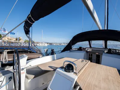 Cockpit of Wild At Sea, a Bavaria Cruiser 51 sailboat at Lavrion, Greece