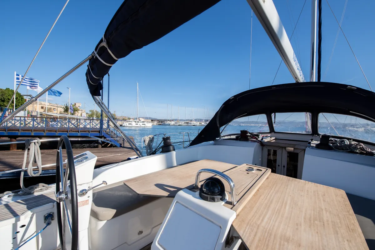 Cockpit of Wild At Sea, a Bavaria Cruiser 51 sailboat at Lavrion, Greece