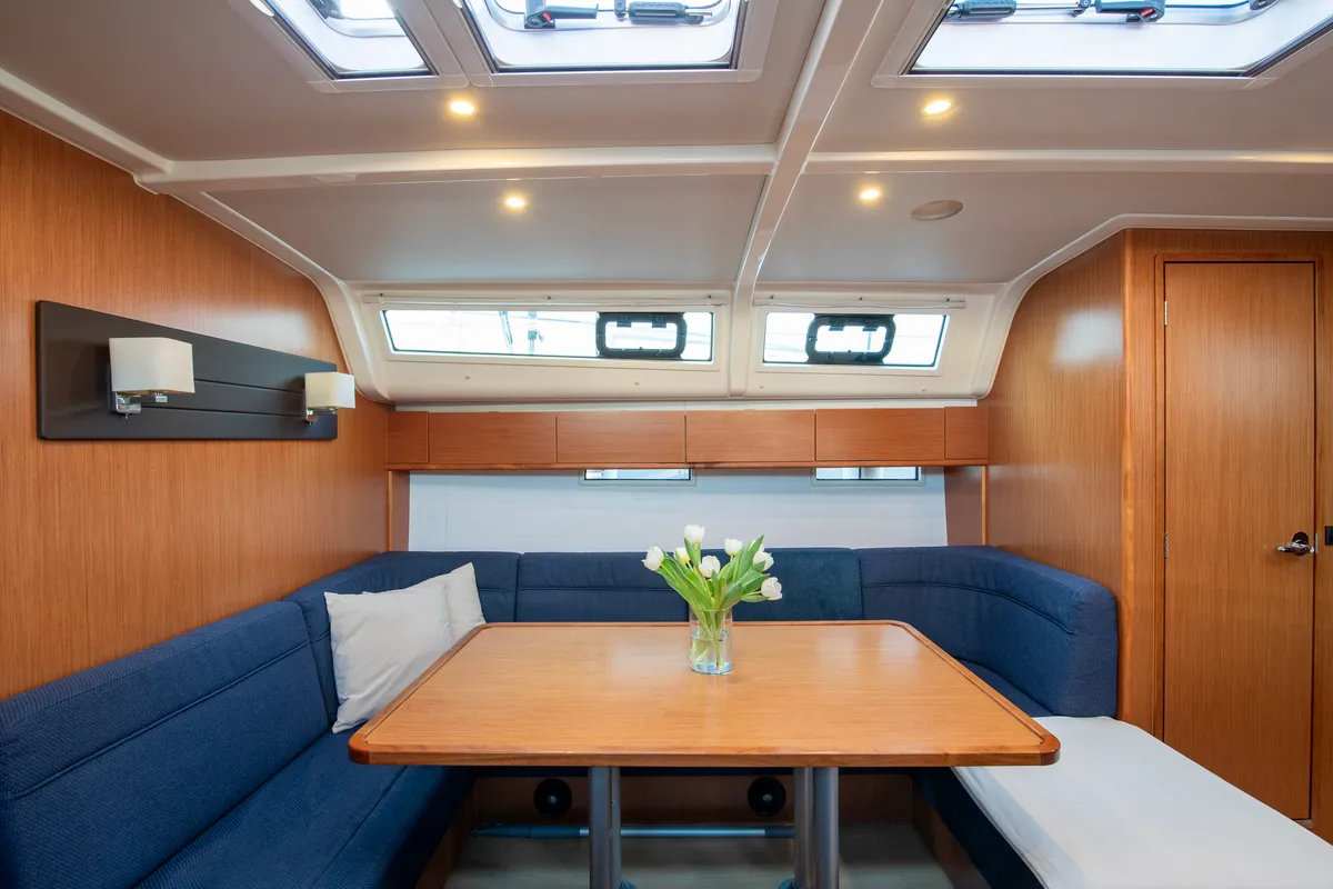 Salon of Wild At Sea, a Bavaria Cruiser 51 sailboat at Lavrion, Greece