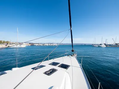Deck of Wild At Sea, a Bavaria Cruiser 51 sailboat at Lavrion, Greece