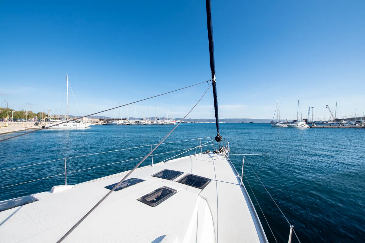 Deck of Wild At Sea, a Bavaria Cruiser 51 sailboat at Lavrion, Greece