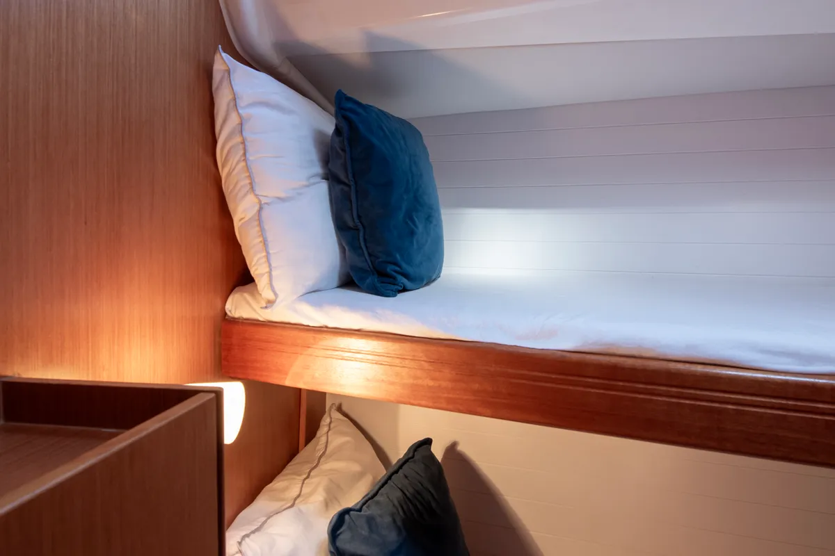 Cabin on Wild At Sea, a Bavaria Cruiser 51 sailboat at Lavrion, Greece