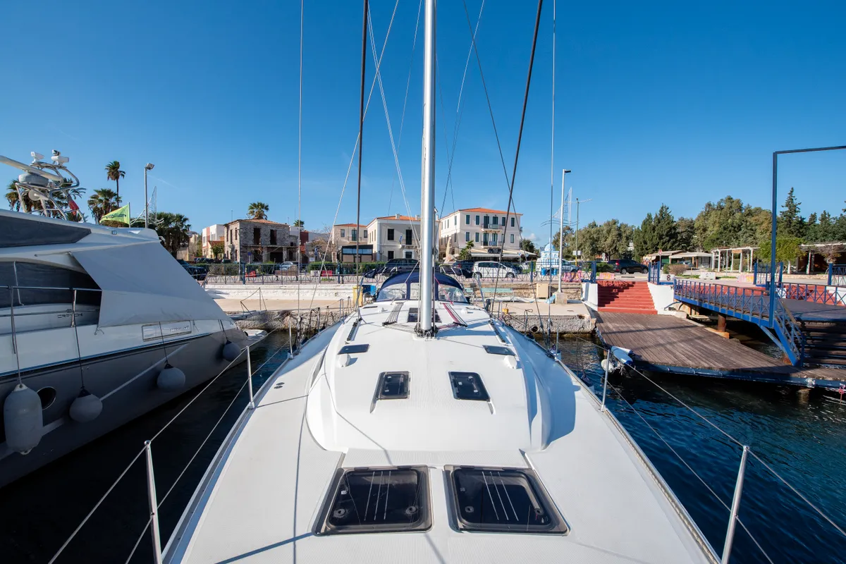 Deck of Wild At Sea, a Bavaria Cruiser 51 sailboat at Lavrion, Greece