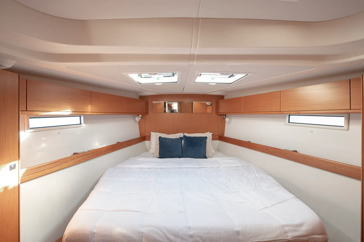 Cabin on Wild At Sea, a Bavaria Cruiser 51 sailboat at Lavrion, Greece