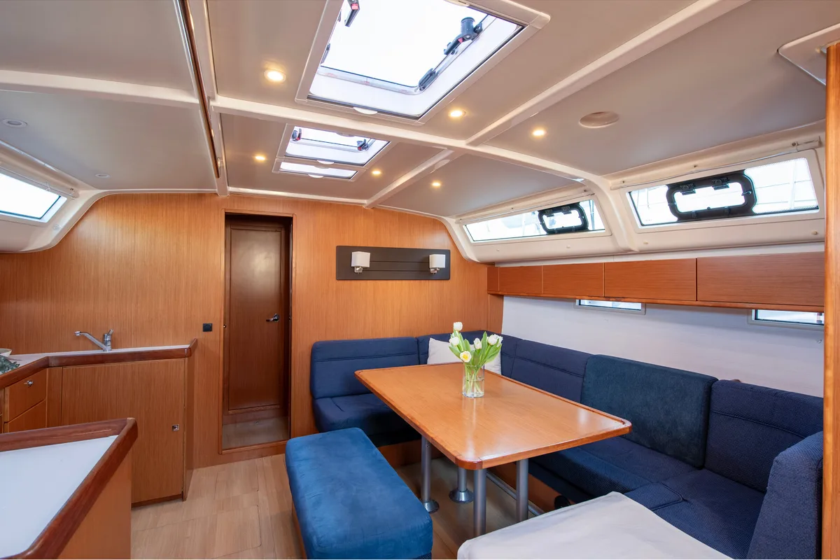 Salon of Wild At Sea, a Bavaria Cruiser 51 sailboat at Lavrion, Greece