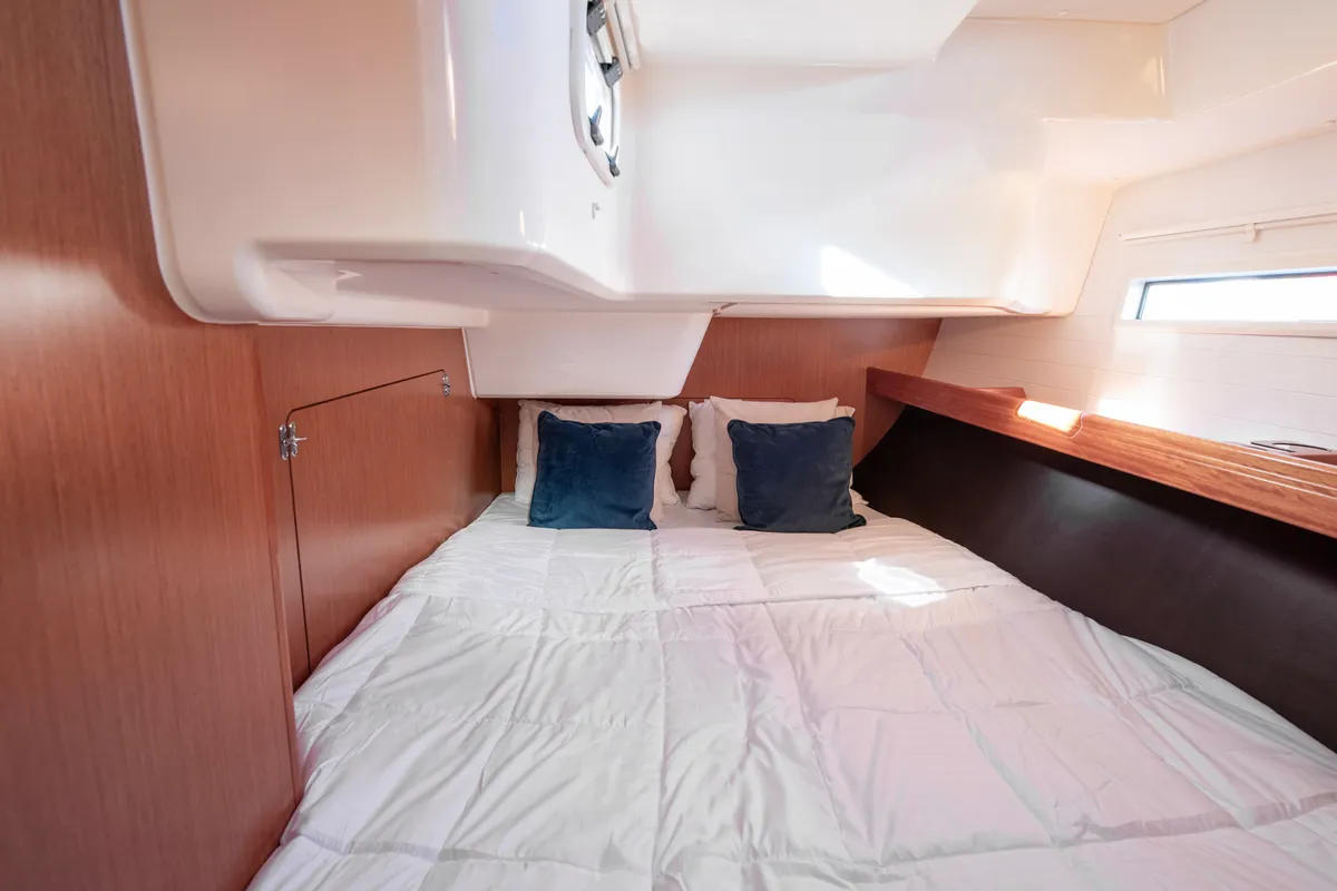 Cabin on Wild At Sea, a Bavaria Cruiser 51 sailboat at Lavrion, Greece