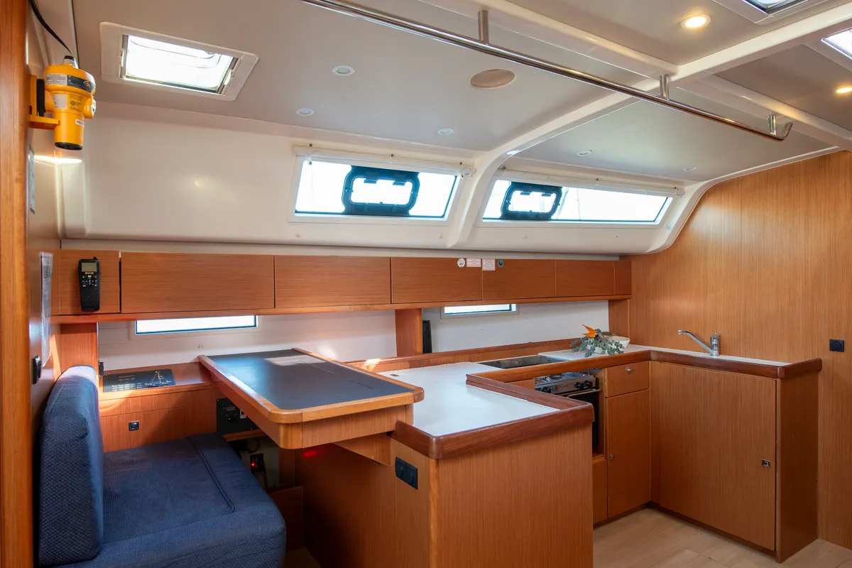 Galley of Wild At Sea, a Bavaria Cruiser 51 sailboat at Lavrion, Greece