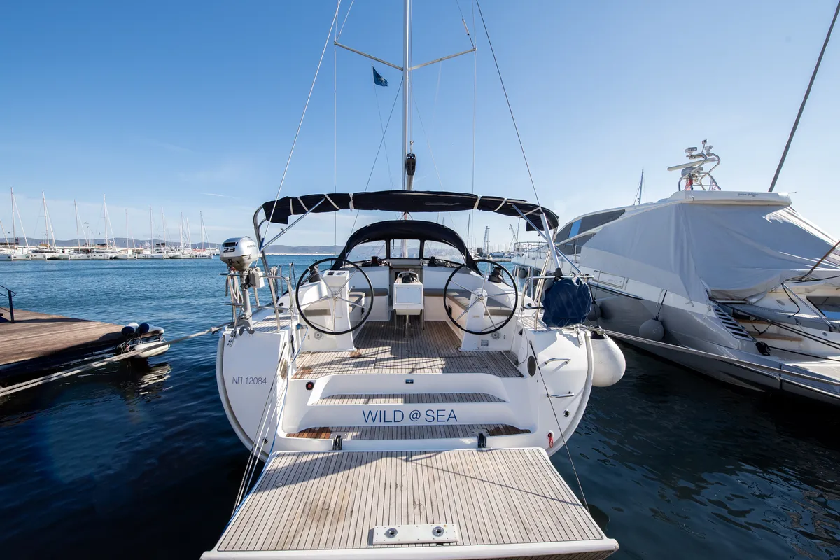 Cockpit of Wild At Sea, a Bavaria Cruiser 51 sailboat at Lavrion, Greece