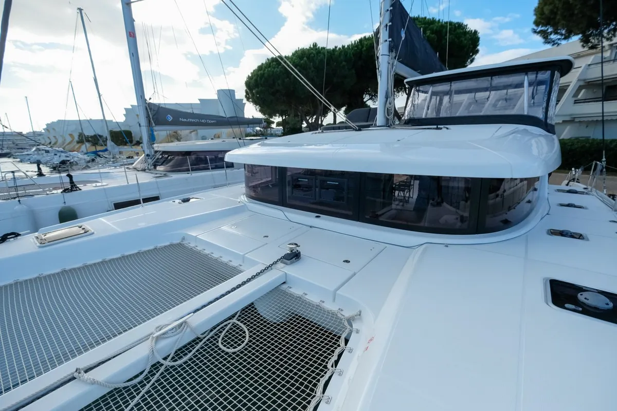 Deck of White Chadal, a Lagoon 42 catamaran at Ventimiglia, Italy