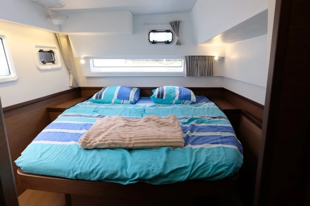 Cabin on White Chadal, a Lagoon 42 catamaran at Ventimiglia, Italy