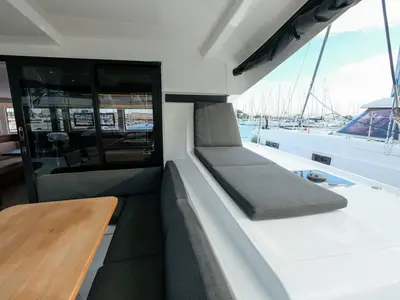 Cockpit of White Chadal, a Lagoon 42 catamaran at Ventimiglia, Italy