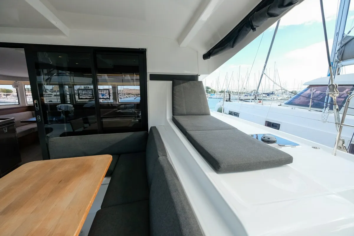 Cockpit of White Chadal, a Lagoon 42 catamaran at Ventimiglia, Italy