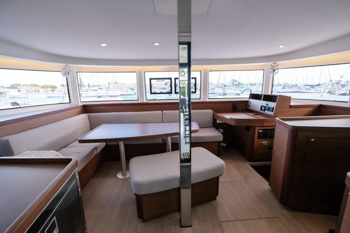 Salon of White Chadal, a Lagoon 42 catamaran at Ventimiglia, Italy