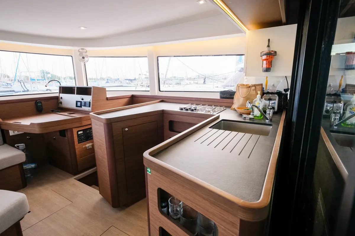 Galley of White Chadal, a Lagoon 42 catamaran at Ventimiglia, Italy