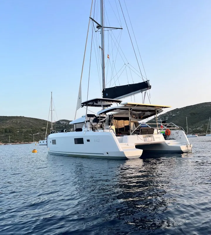 Exterior view of White Chadal, a Lagoon 42 catamaran at Ventimiglia, Italy
