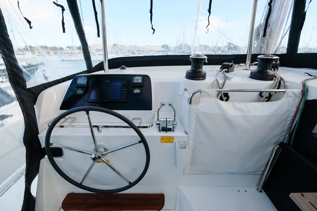 Deck of White Chadal, a Lagoon 42 catamaran at Ventimiglia, Italy