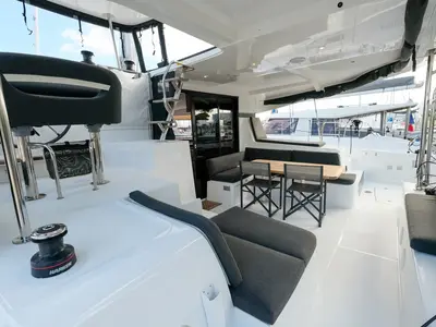 Salon of White Chadal, a Lagoon 42 catamaran at Ventimiglia, Italy