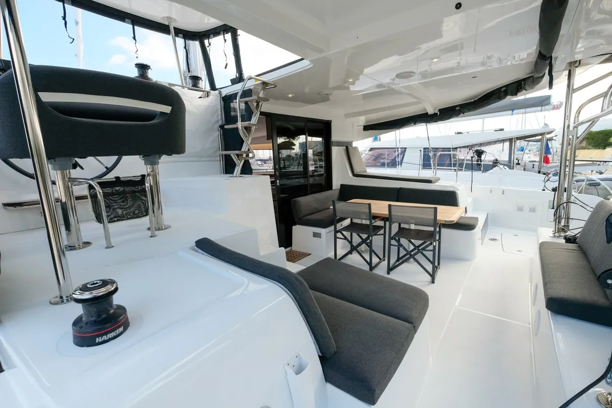 Salon of White Chadal, a Lagoon 42 catamaran at Ventimiglia, Italy