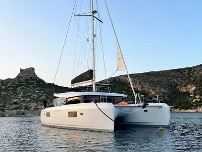 Deck of White Chadal, a Lagoon 42 catamaran at Ventimiglia, Italy