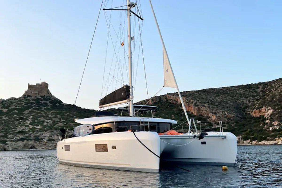 Deck of White Chadal, a Lagoon 42 catamaran at Ventimiglia, Italy