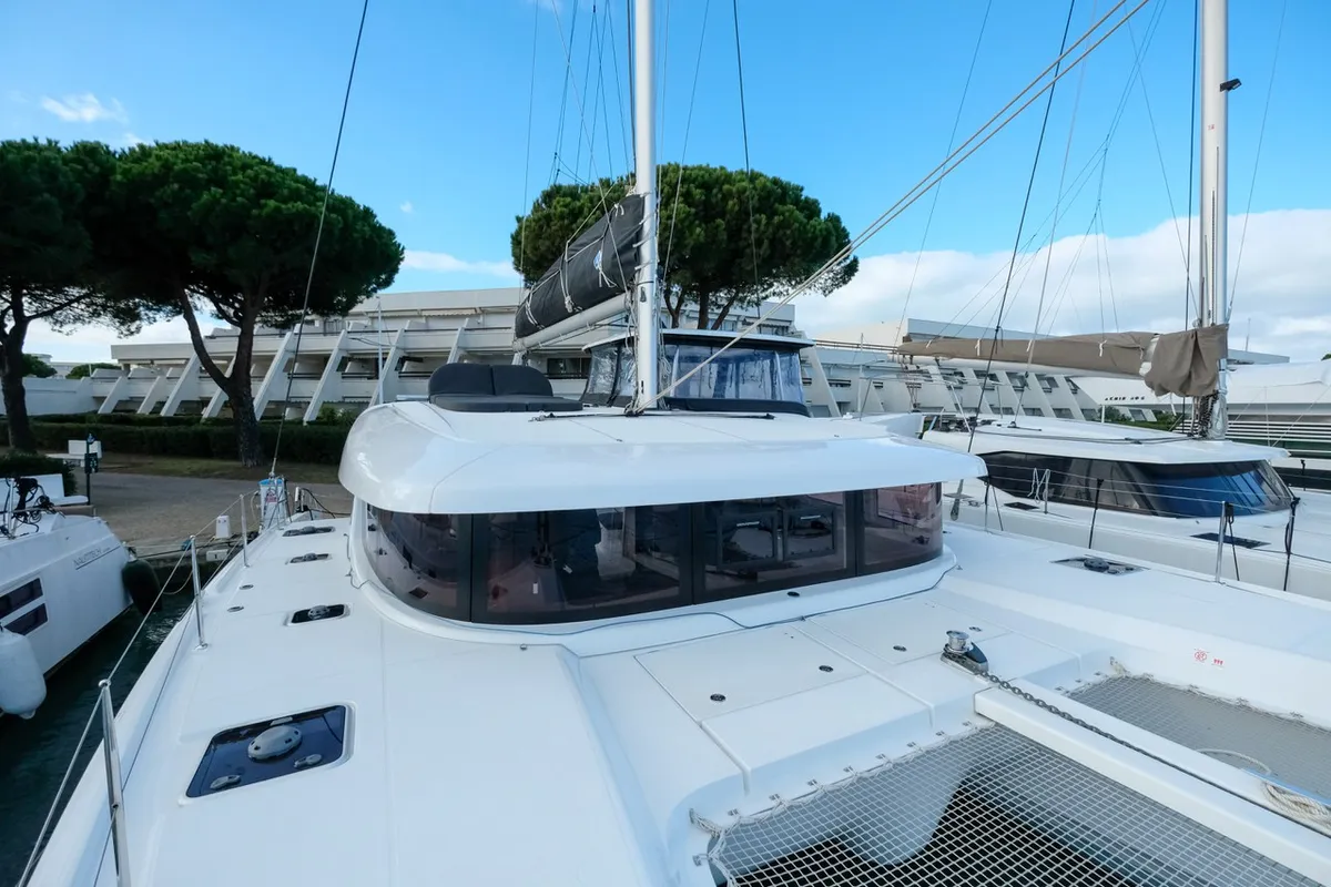 Deck of White Chadal, a Lagoon 42 catamaran at Ventimiglia, Italy