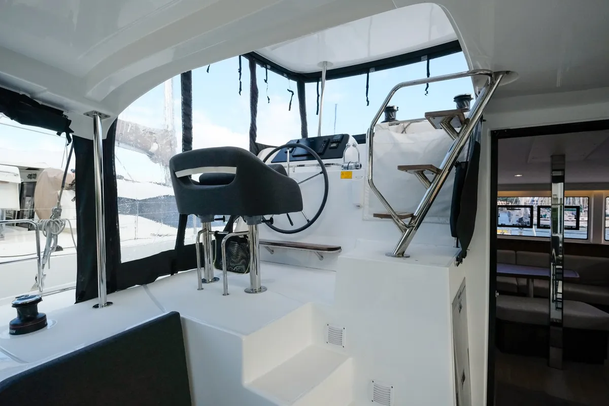 Deck of White Chadal, a Lagoon 42 catamaran at Ventimiglia, Italy