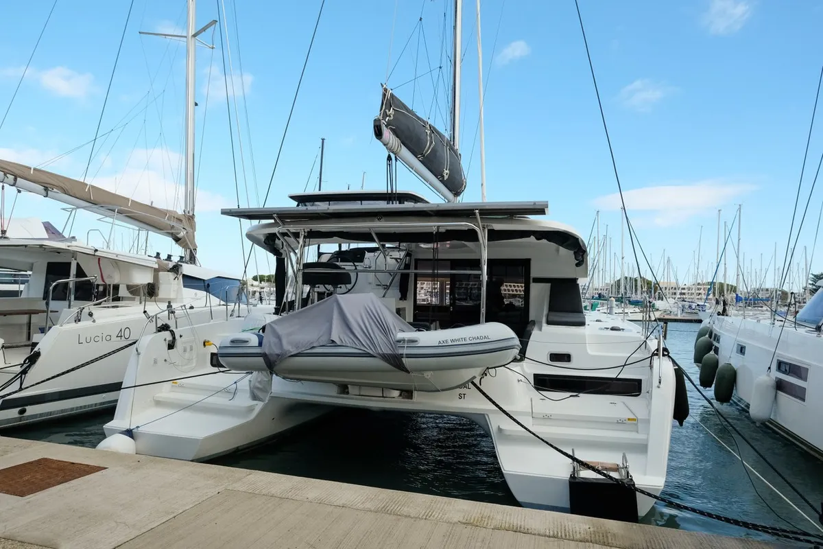 Exterior view of White Chadal, a Lagoon 42 catamaran at Ventimiglia, Italy