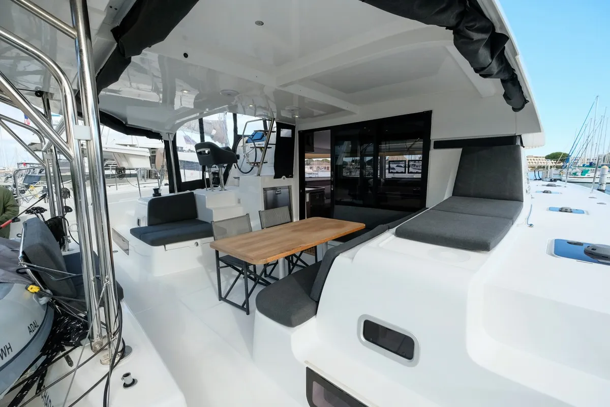 Cockpit of White Chadal, a Lagoon 42 catamaran at Ventimiglia, Italy