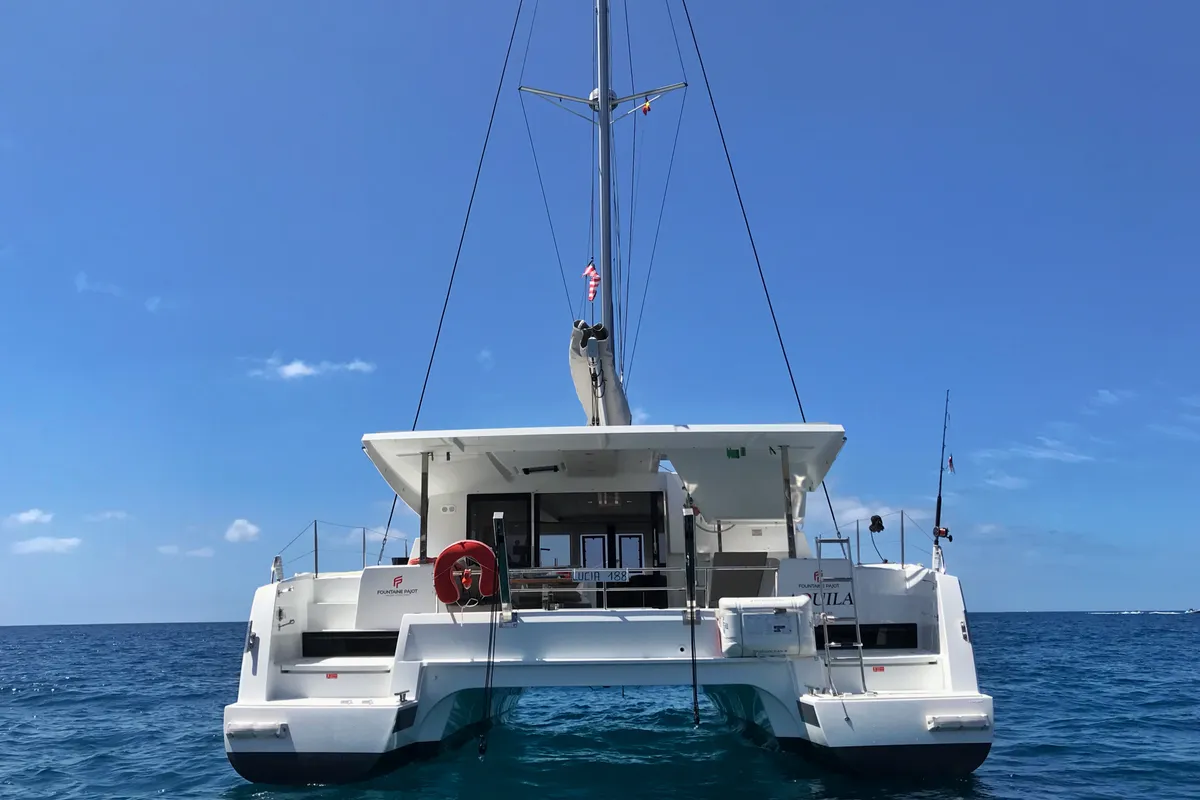 Exterior view of Aquila, a Fountaine Pajot Lucia 40 catamaran at San Miguel de Abona, Spain