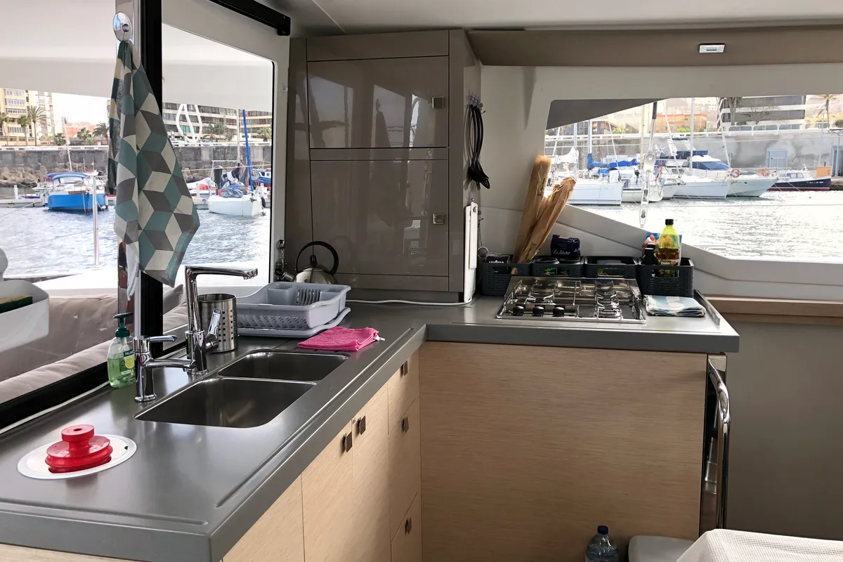 Galley of Aquila, a Fountaine Pajot Lucia 40 catamaran at San Miguel de Abona, Spain