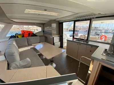 Salon of Aquila, a Fountaine Pajot Lucia 40 catamaran at San Miguel de Abona, Spain