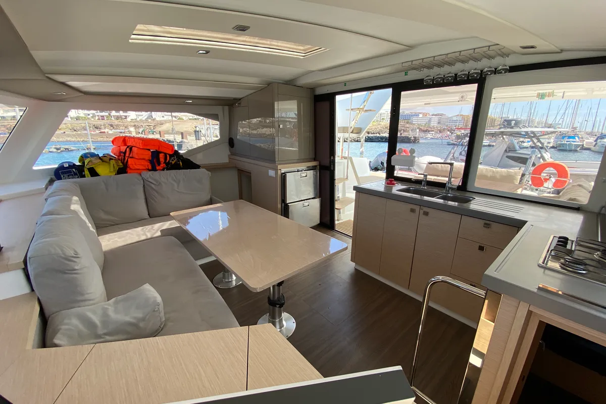 Salon of Aquila, a Fountaine Pajot Lucia 40 catamaran at San Miguel de Abona, Spain
