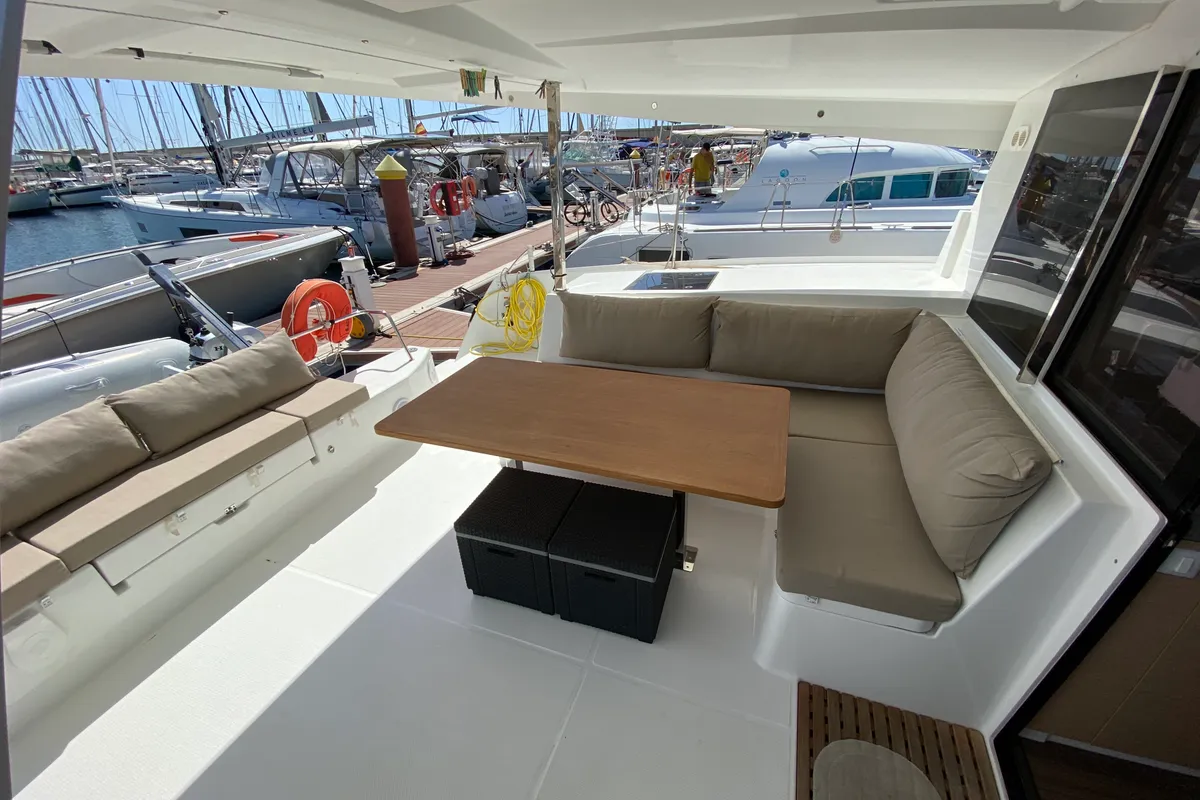 Deck of Aquila, a Fountaine Pajot Lucia 40 catamaran at San Miguel de Abona, Spain