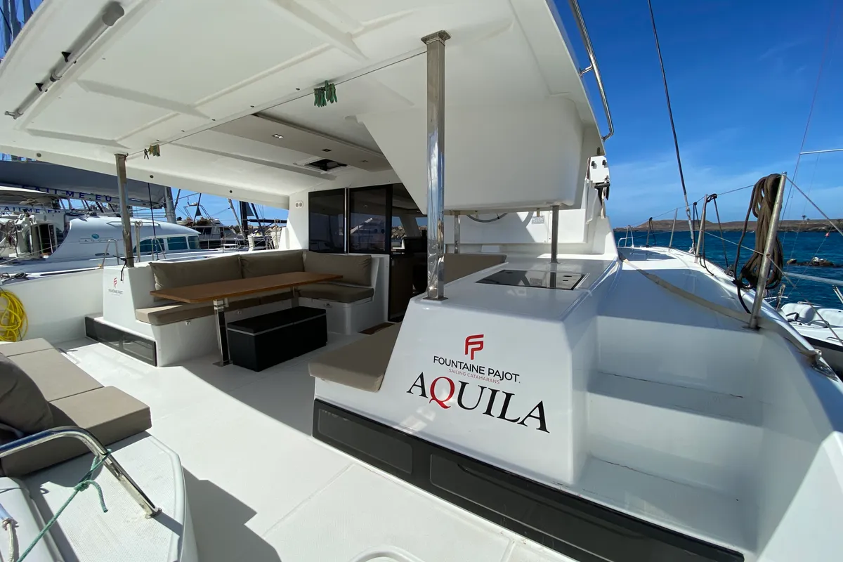 Deck of Aquila, a Fountaine Pajot Lucia 40 catamaran at San Miguel de Abona, Spain