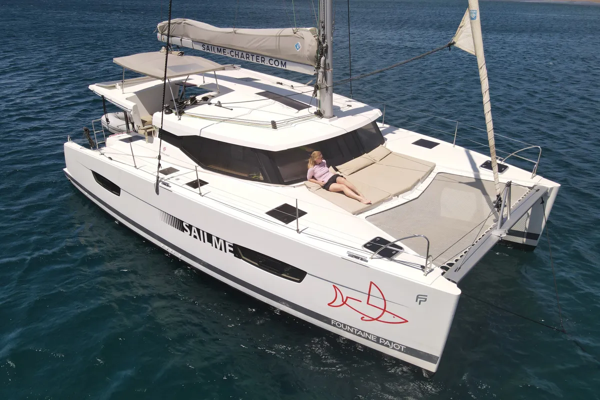 Exterior view of Aquila, a Fountaine Pajot Lucia 40 catamaran at San Miguel de Abona, Spain