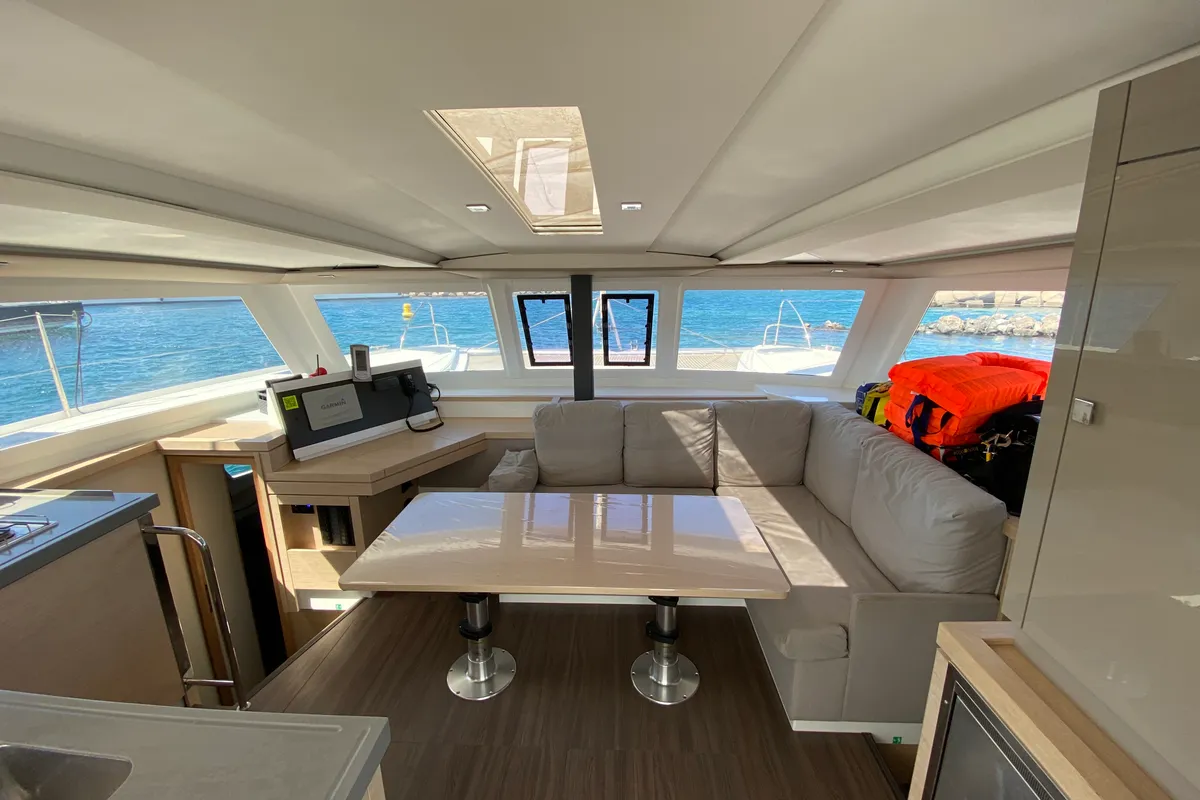 Salon of Aquila, a Fountaine Pajot Lucia 40 catamaran at San Miguel de Abona, Spain